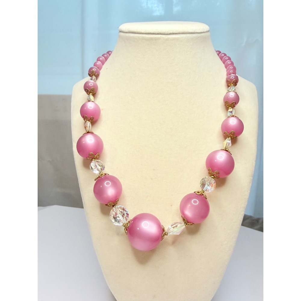 Vintage Pink Moonglow Bead Necklace 1/20 14K Gold Filled AB Crystal
